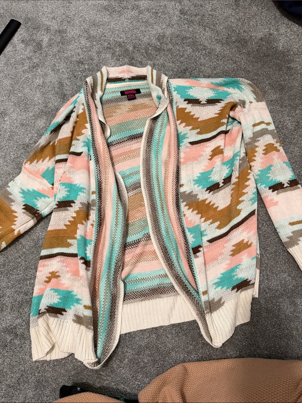 Pastel Aztec Open-Front Cardigan Sweater - Pink, Mint, Tan